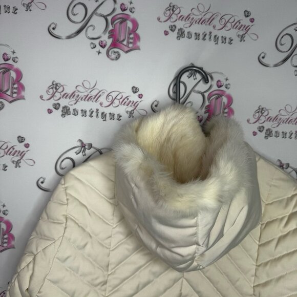 Bebe corset coat jacket snow bunny fur rabbit White Quilted Jacket Fur Trim hood - Picture 7 of 16